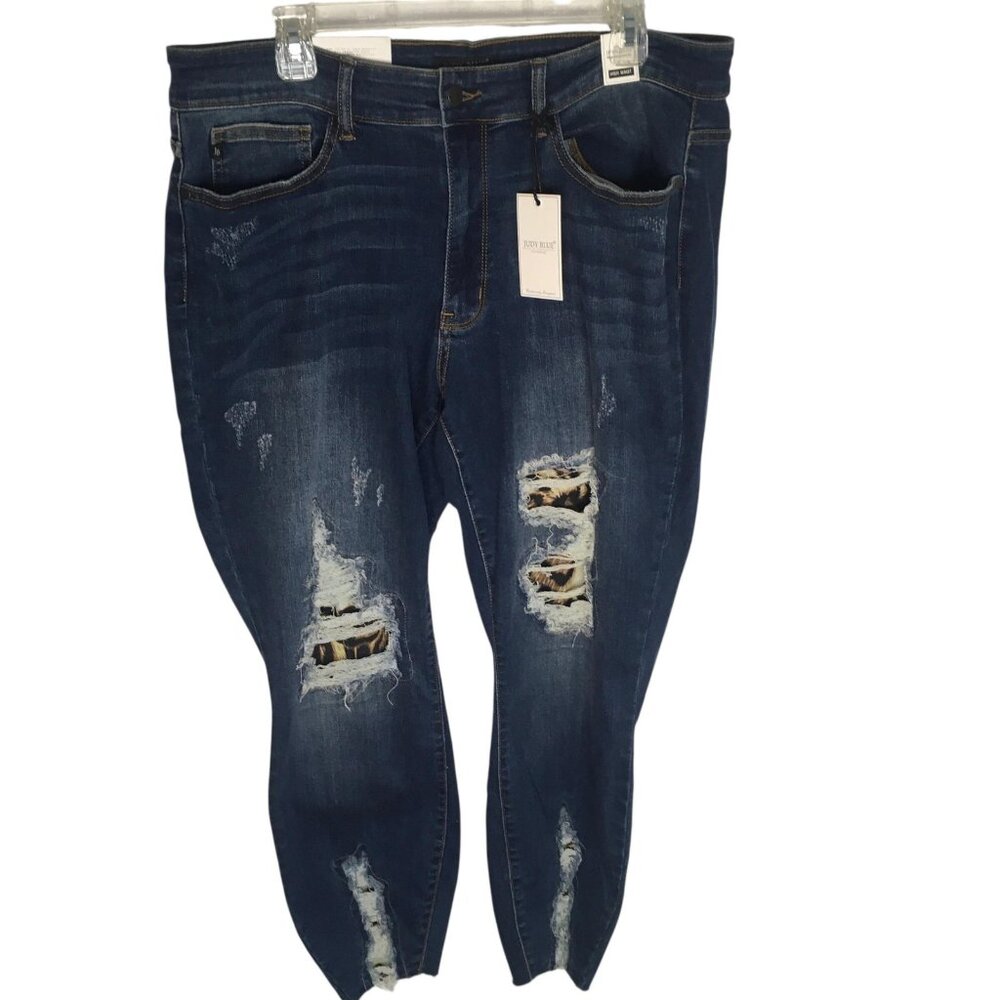 Judy Blue Jeans Womens 18W Dark Wash High Waist Skinny Distressed Leopard Patch